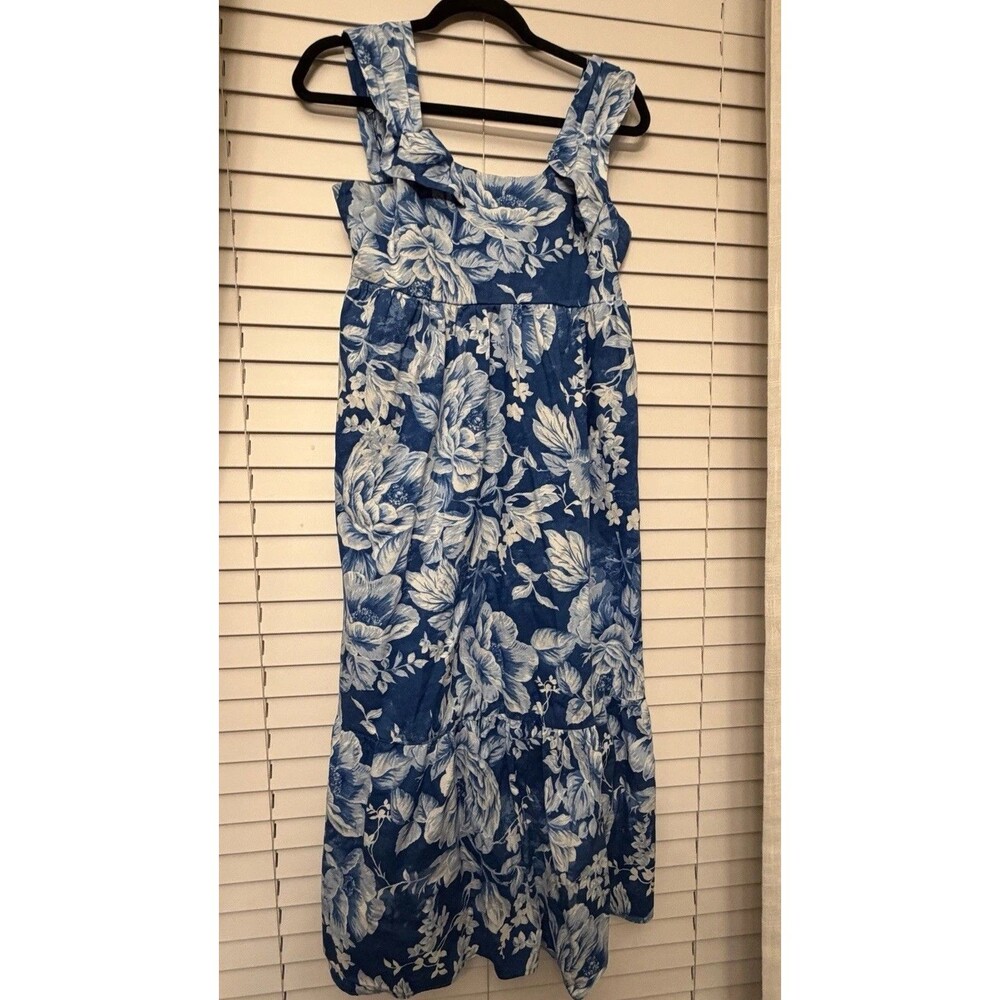 Celina Moon Blue White Floral Square Neck Strappy Ruffle Midi Sundress S
